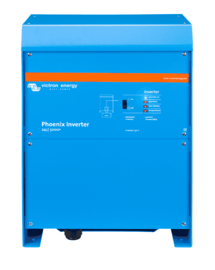 Front view of blue Victron Phoenix 24V 5000VA inverter with status LEDs and power switch