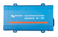 Top view of a blue Victron Phoenix 48V 250VA pure sinewave inverter with mounting brackets