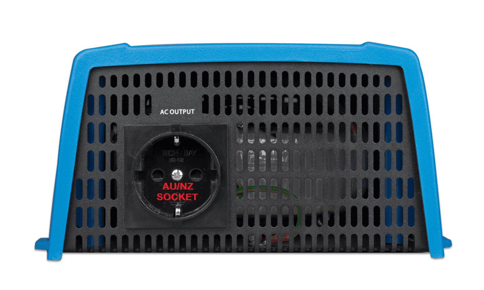 Front face of the inverter with a standard Australian and New Zealand AS/NZS 3112 AC socket
