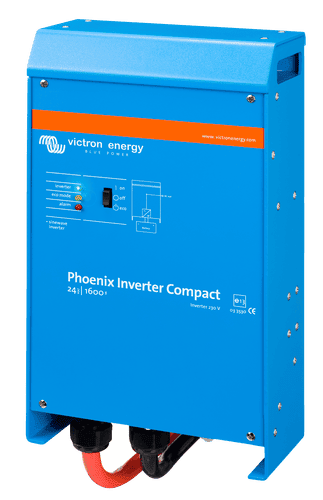 Front view of blue Victron Phoenix Inverter Compact 24V 1600VA for off-grid power systems