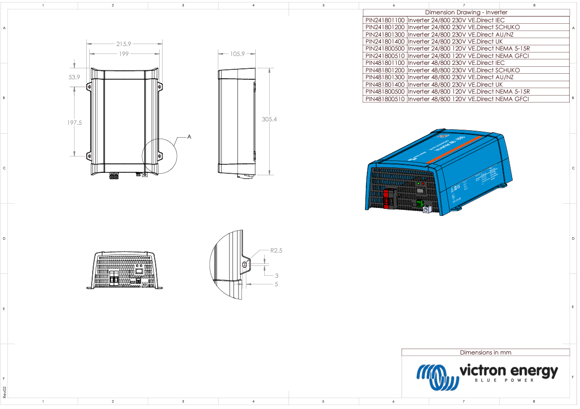 Dimensional technical drawing showing height, width and depth in millimetres