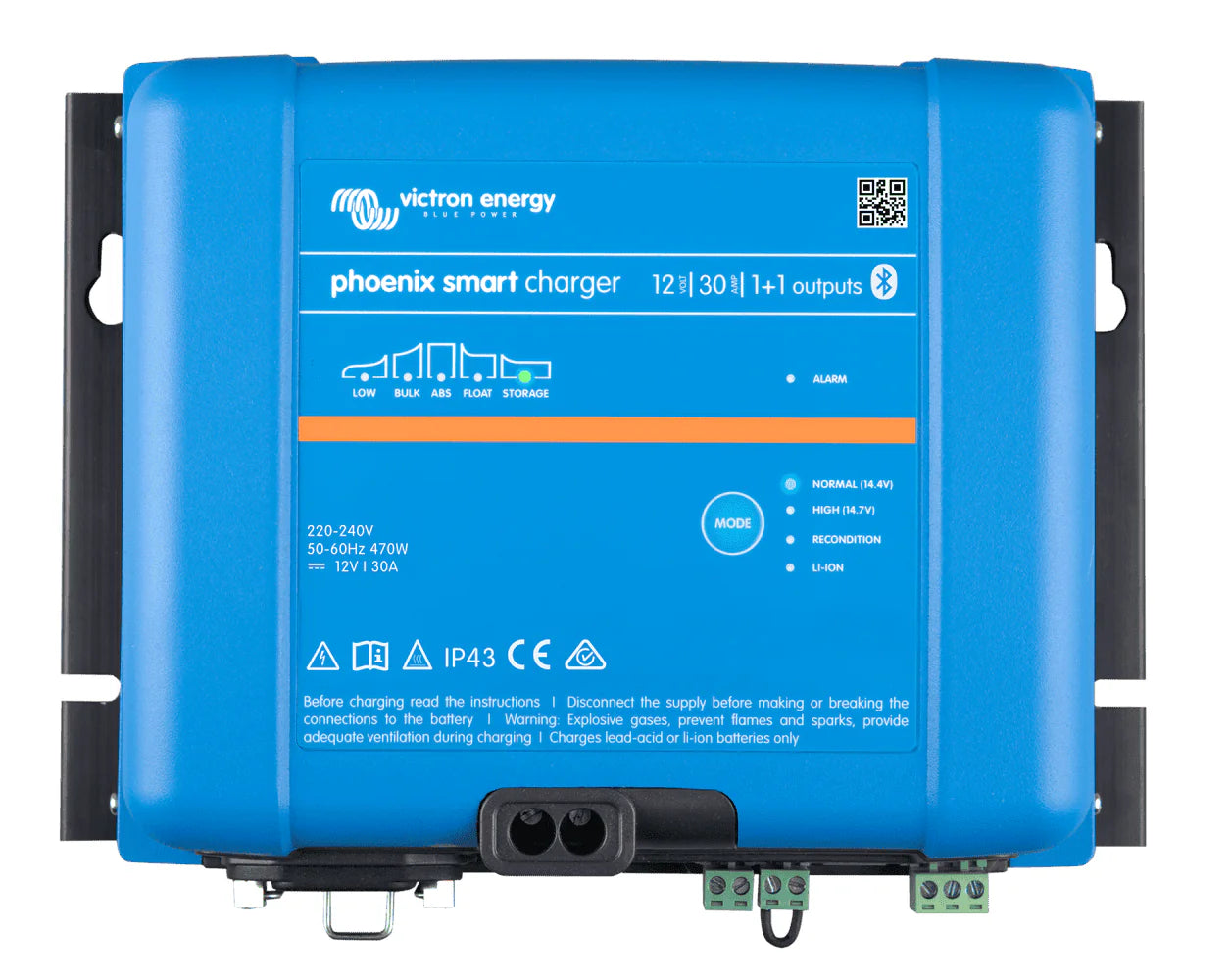 Victron Phoenix Smart IP43 12V 30A battery charger top view showing status LEDs and mode button