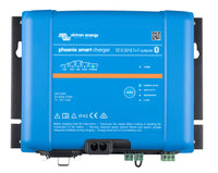 Victron Phoenix Smart IP43 12V 30A battery charger top view showing status LEDs and mode button