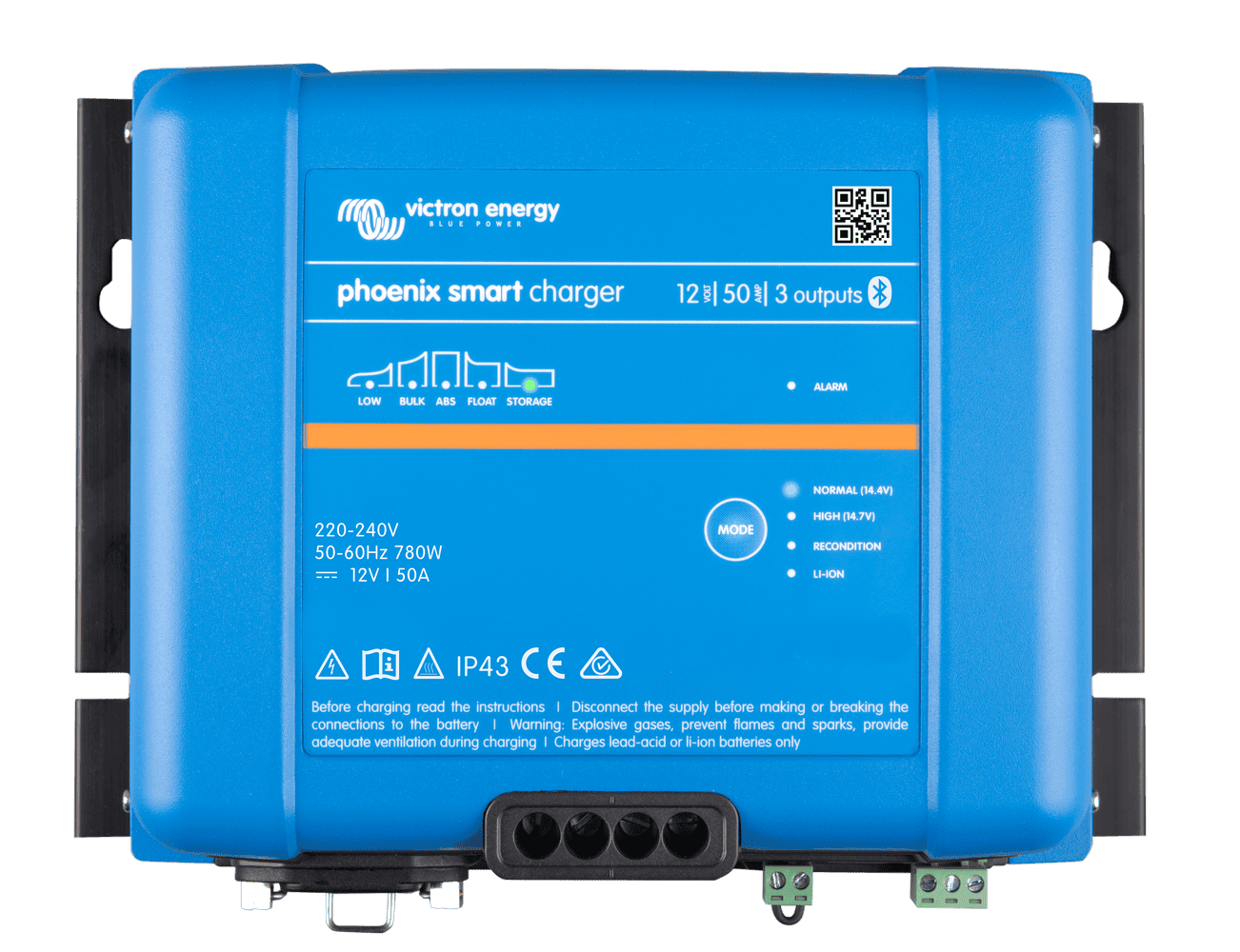 Front view of blue Victron Phoenix Smart 12V 50A battery charger with status LEDs and Bluetooth connectivity