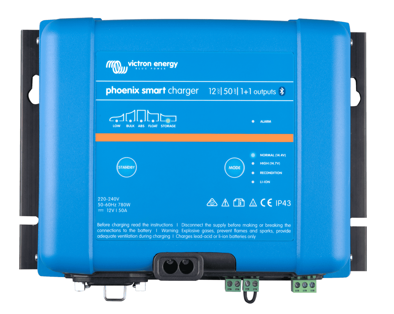 Front view of Victron 12V 50A Phoenix Smart battery charger with status indicators