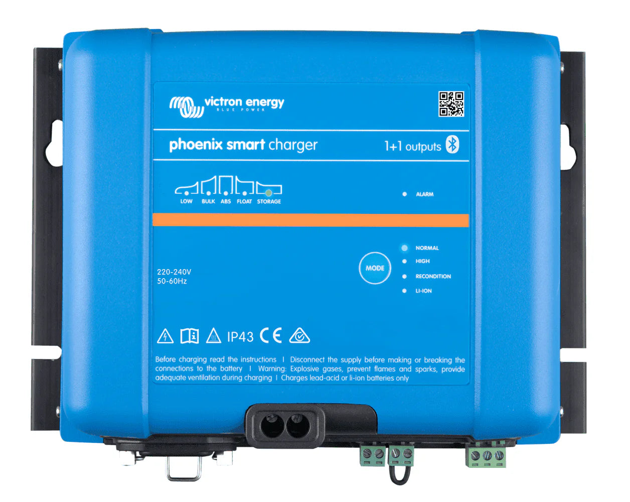 Front view of Victron Phoenix Smart 24V 16A charger with status LEDs and Bluetooth