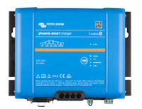 Front view of blue Victron Phoenix Smart IP43 24V 16A battery charger with status indicators
