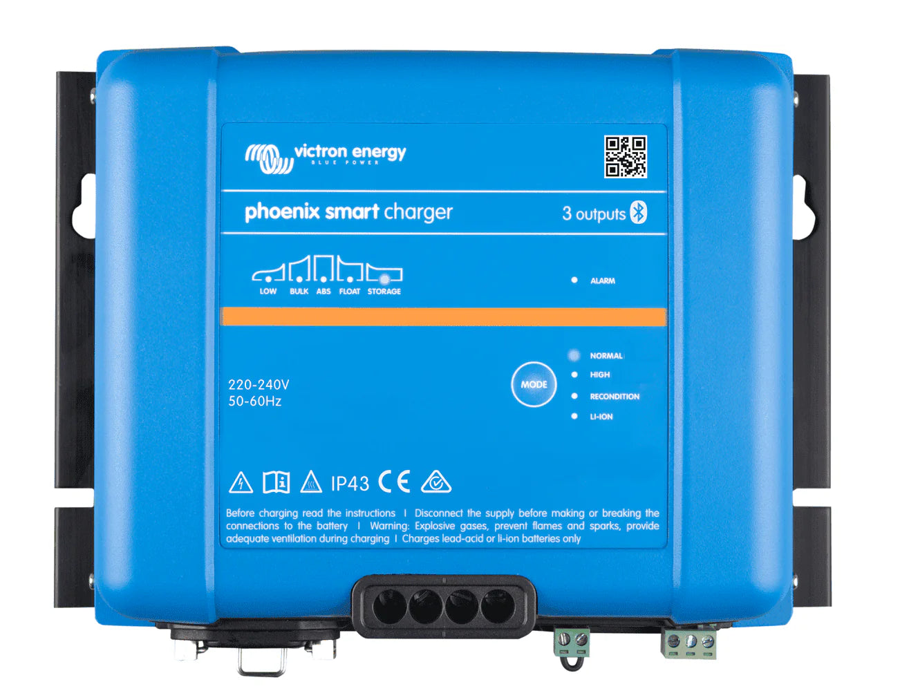 Front view of a blue Victron Phoenix Smart IP43 battery charger with LED indicators and mode selection button