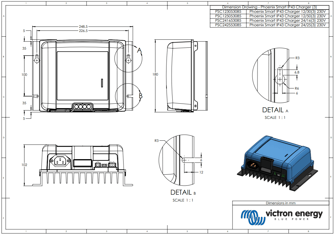 Technical dimensional drawing for Victron Phoenix Smart IP43 charger in millimetres