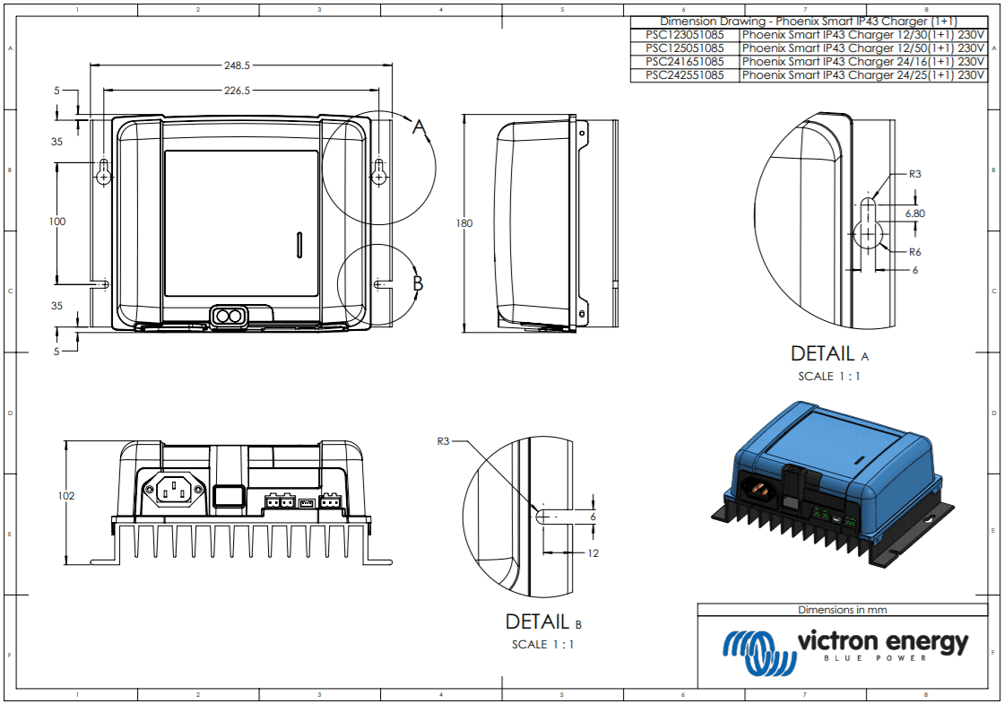 Dimensional drawing showing 248.5mm width 180mm height and mounting locations