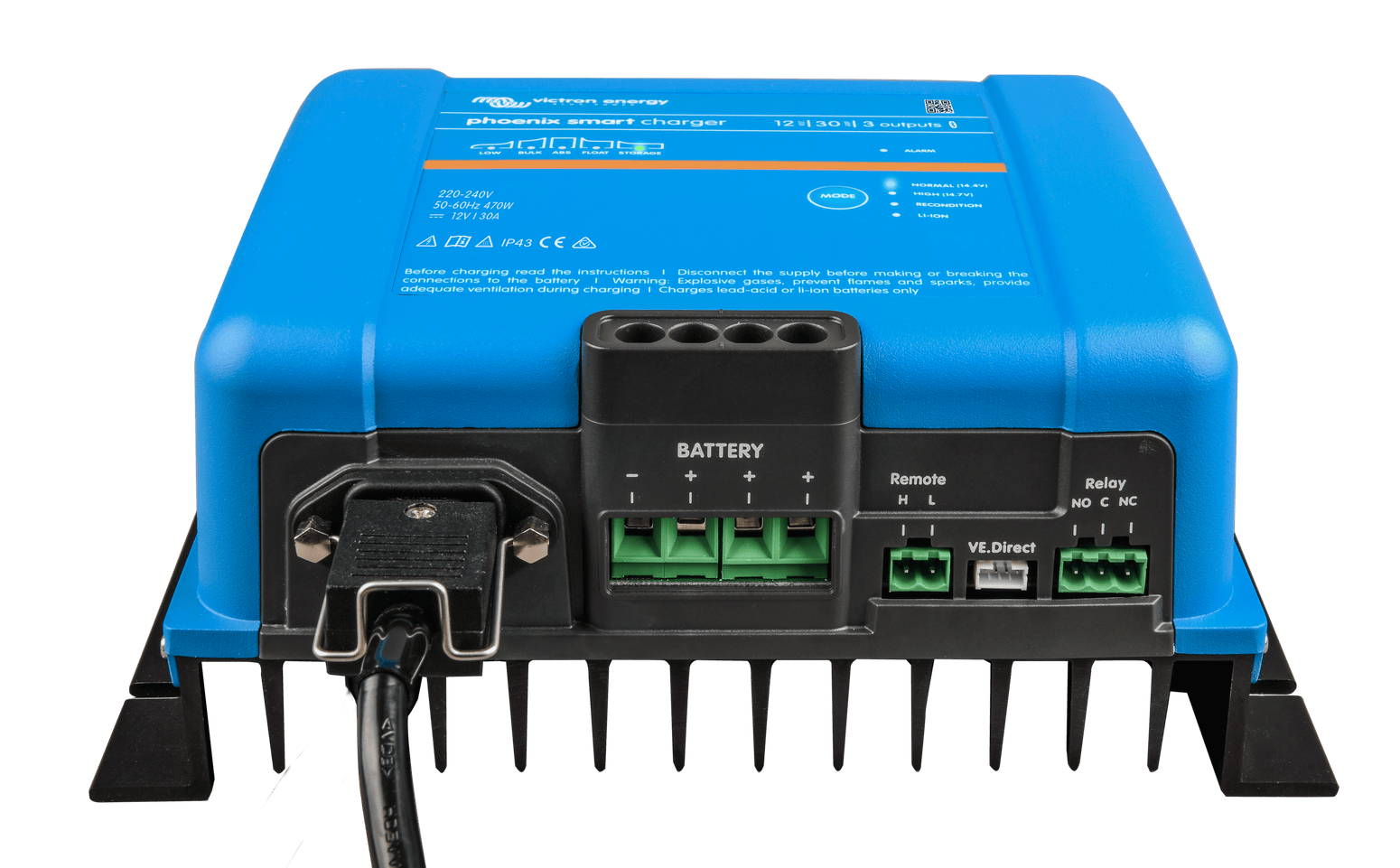 Bottom view of Phoenix Smart charger showing three battery outputs, VE.Direct port and cooling fins