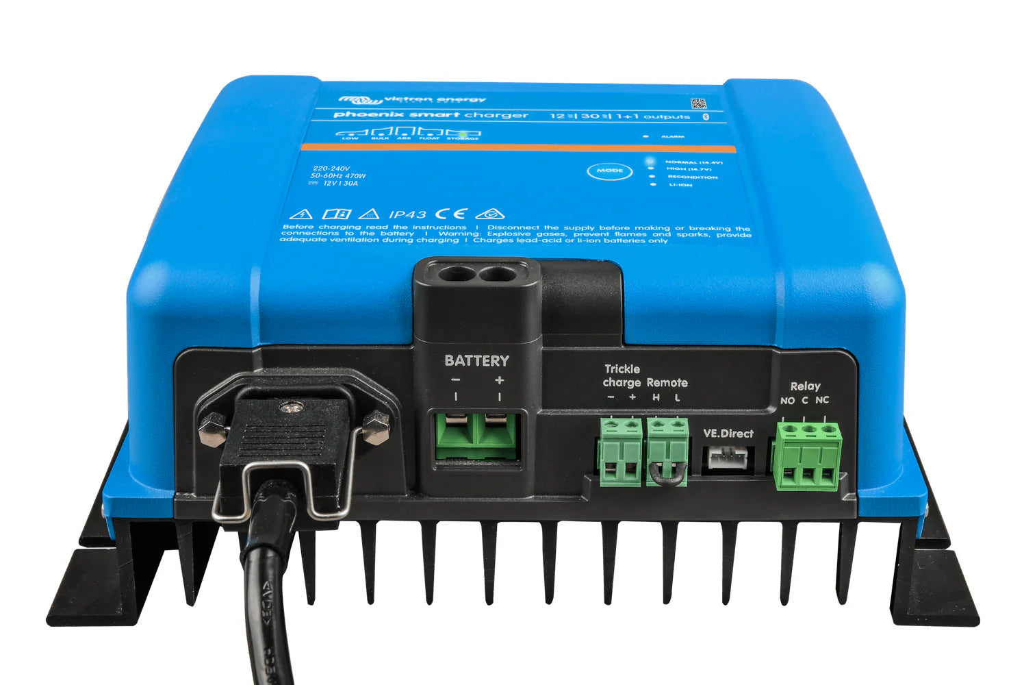 Bottom connection panel of the Victron Phoenix Smart charger with battery and communication terminals