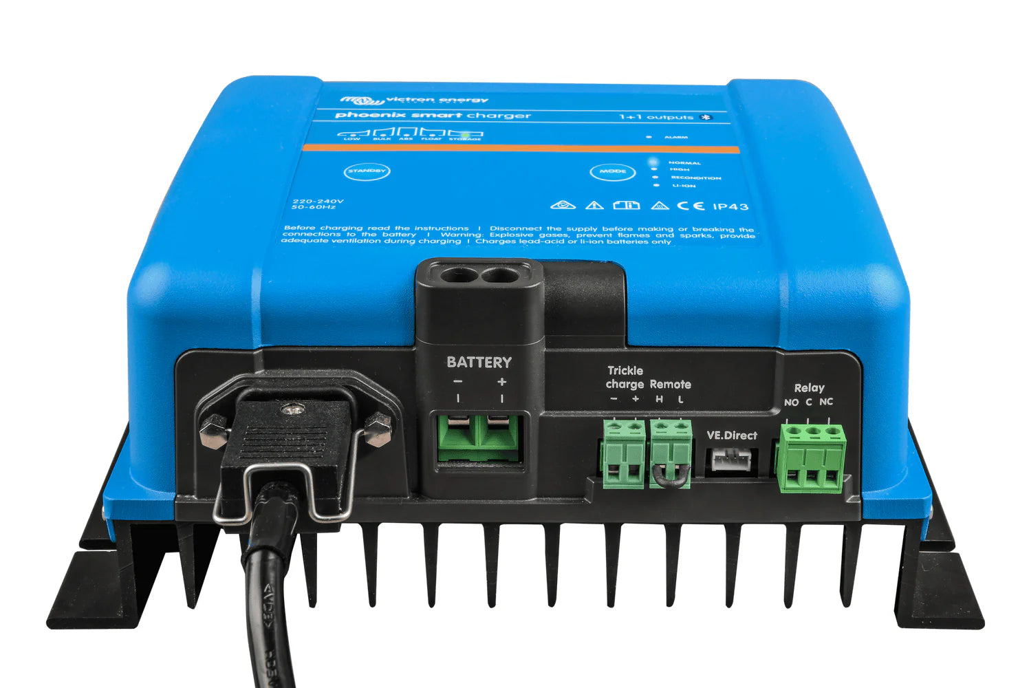 Bottom view showing DC terminals VE.Direct port and large cooling heatsink