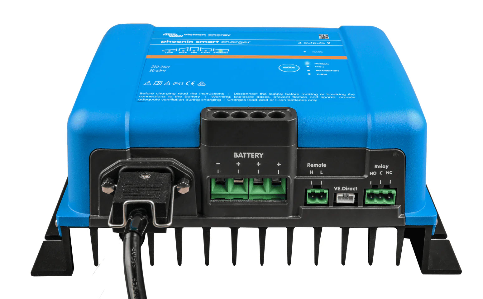 Underside of charger showing AC power input, battery terminals and communication ports