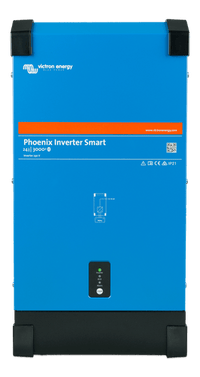 Front view of blue Victron Phoenix Smart Inverter 24/3000 showing status LEDs and branding