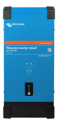 Front view of blue Victron Phoenix Smart Inverter with status LEDs and power button