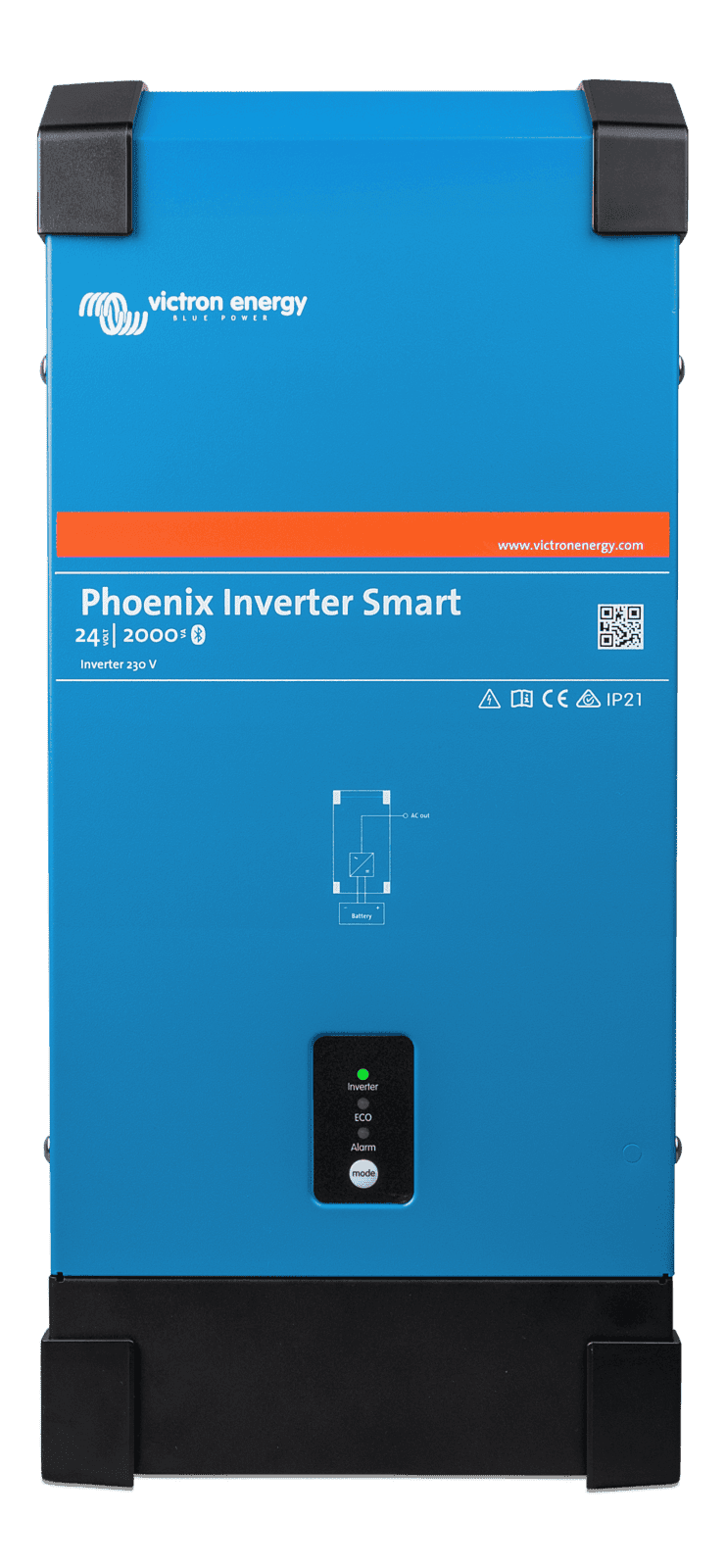 Front view of blue Victron Phoenix Smart Inverter with status LEDs and power button