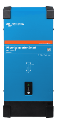 Front view of blue Victron Phoenix Smart Inverter with status LEDs and power button