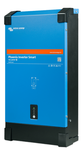 Side perspective view of blue 3000VA smart inverter showing durable steel enclosure