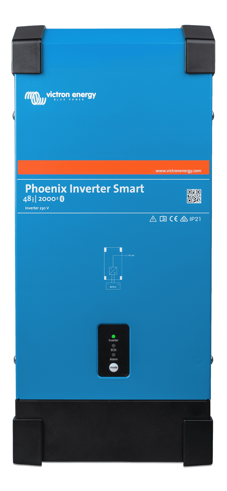 Front view of blue Victron Phoenix Smart Inverter 48/2000 showing status LEDs and power button