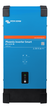 Front view of blue Victron Phoenix Smart Inverter 48/2000 showing status LEDs and power button