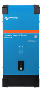 Front view of blue Victron Phoenix Smart Inverter 48/2000 showing status LEDs and power button