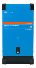 Front view of blue Victron Phoenix Smart 48V 3000VA power inverter in a steel enclosure