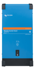 Front view of blue Victron Phoenix Smart 48V 5000VA inverter with status LED indicators