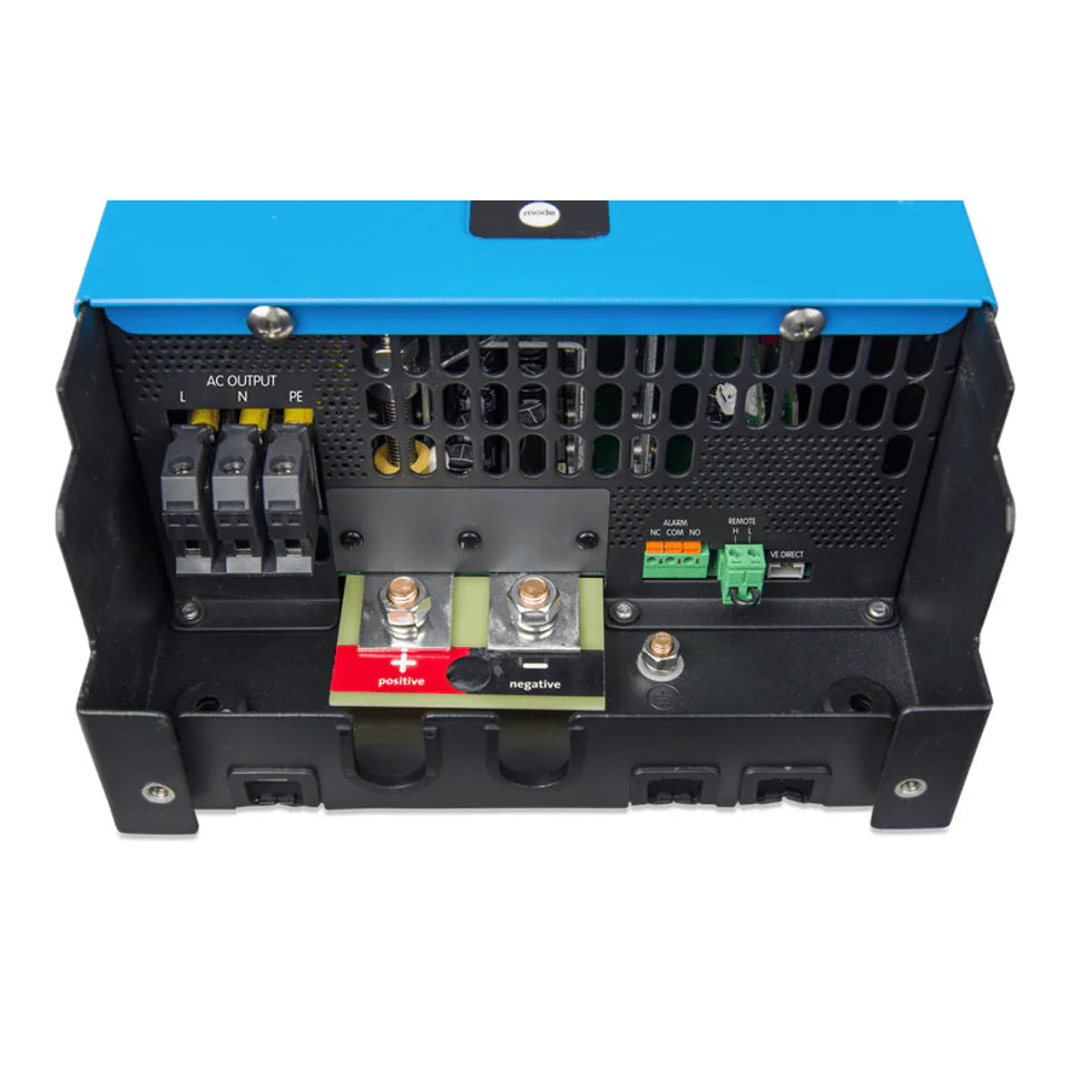 Bottom connection panel of the Phoenix Smart Inverter showing AC and DC terminals