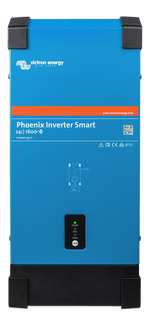 Front view of the blue Victron Phoenix Smart Inverter 24/1600 showing status LEDs and power button