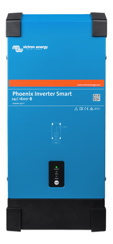 Front view of the blue Victron Phoenix Smart Inverter 24/1600 showing status LEDs and power button