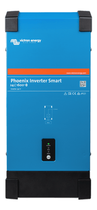 Front view of the blue Victron Phoenix Smart Inverter 24/1600 showing status LEDs and power button