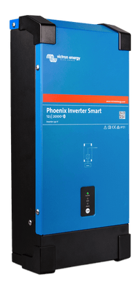 Left side angled view of the blue Victron Phoenix Smart 12/2000 230V inverter