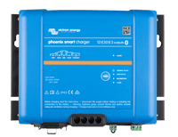 Front of blue Victron Phoenix Smart IP43 12V 30A battery charger with LED indicators and Bluetooth label