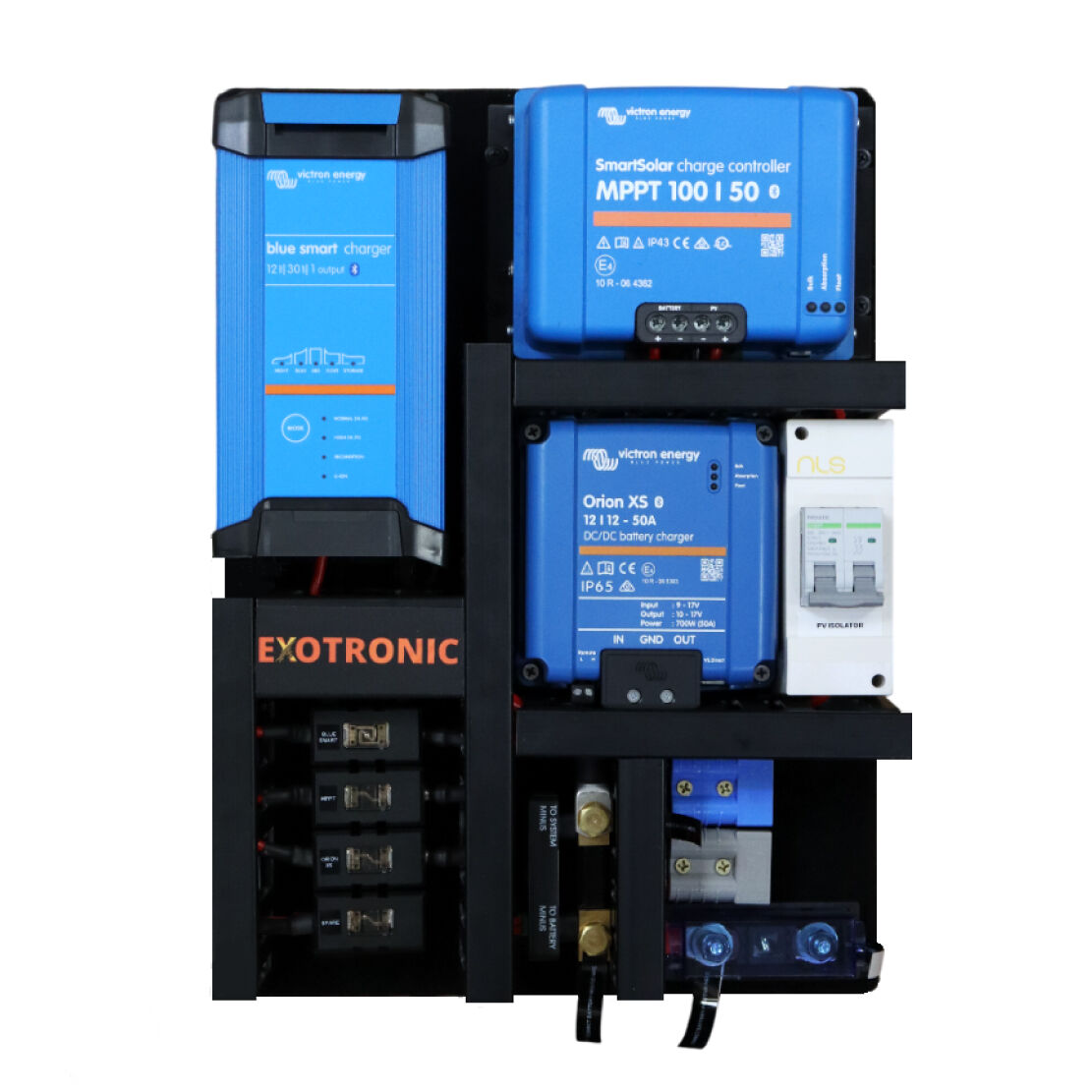 Front layout of pre-wired 12V power board showing chargers and safety switches