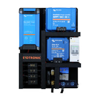 Front layout of pre-wired 12V power board showing chargers and safety switches
