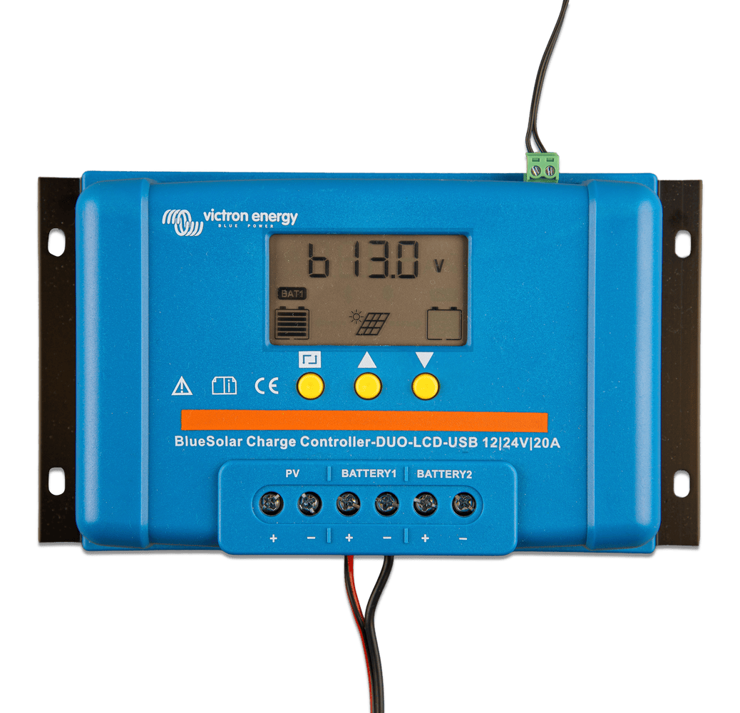 Victron PWM solar charge controller with connected battery and sensor wiring