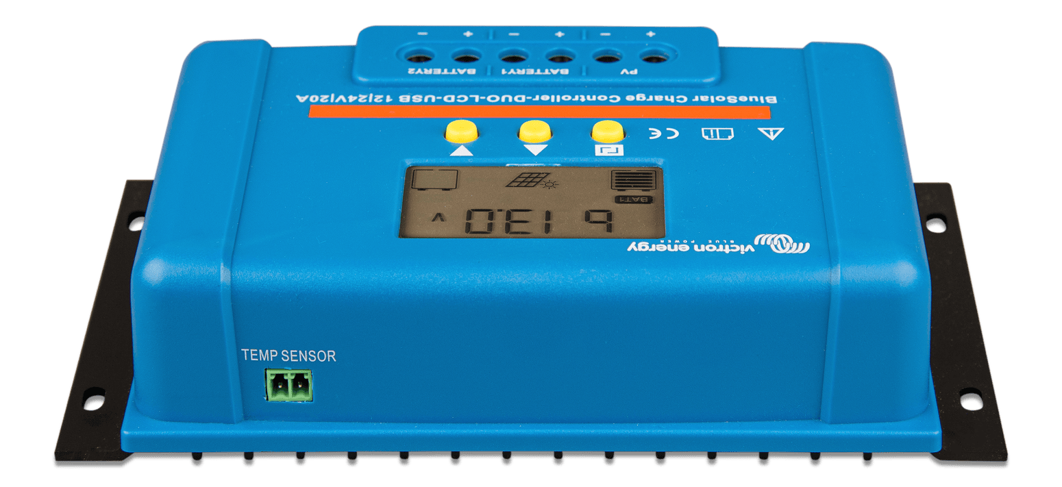 Side view of Victron dual battery solar controller showing temperature sensor port