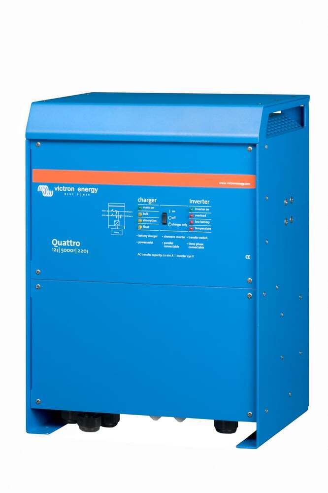 Blue Victron Quattro 12/5000 inverter charger with front control panel