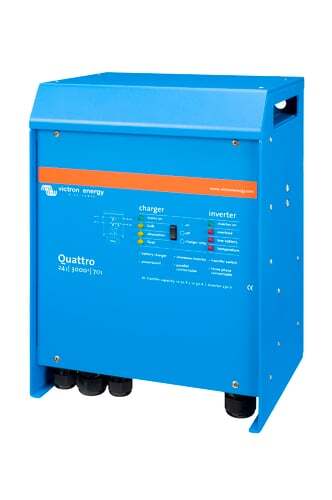 Perspective view of the Quattro inverter charger showing its blue aluminium body and side handles