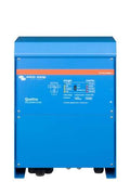Front view of the blue Victron Quattro 24/3000 inverter charger enclosure showing status LEDs