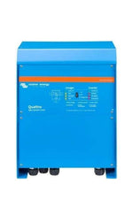 Front view of blue Victron Quattro 24V 5000VA inverter charger with LED status indicators