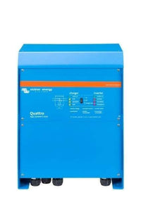 Front view of blue Victron Quattro 24V 5000VA inverter charger with LED status indicators