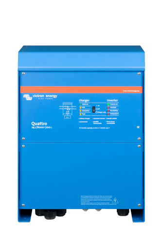 Front view of blue Victron Quattro 24V 8000VA inverter charger with status LED indicators