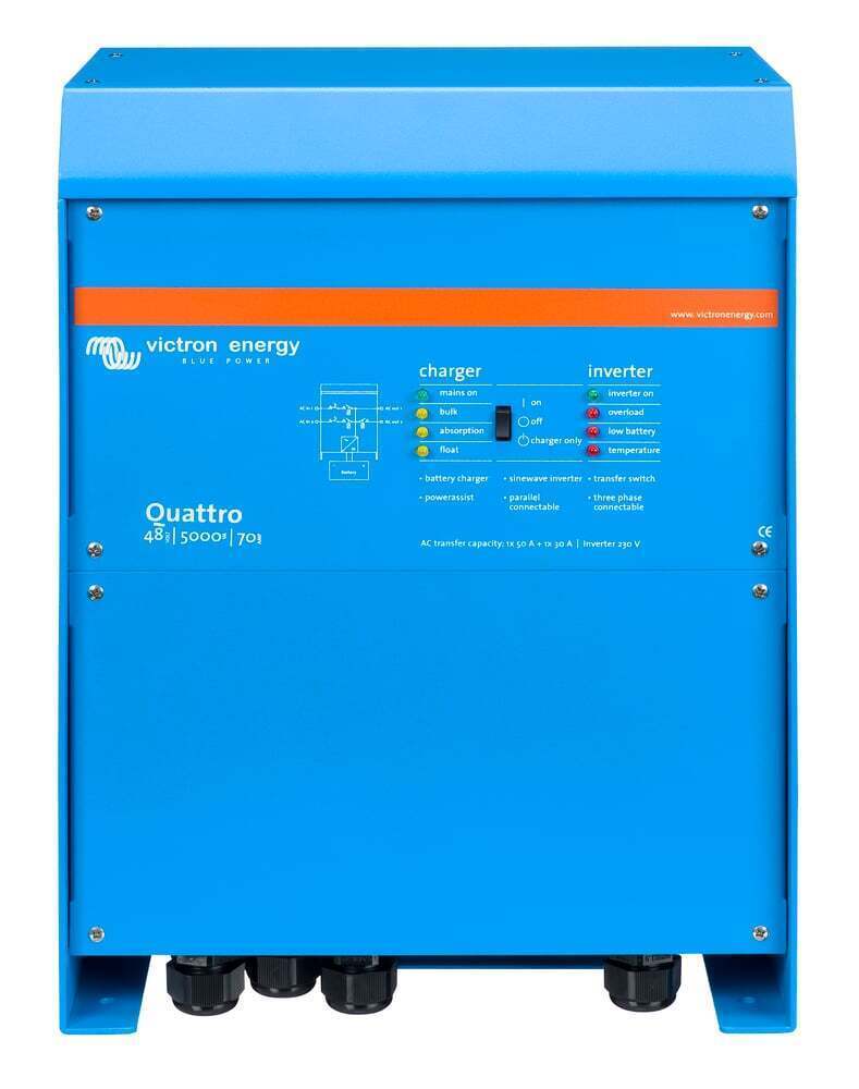 Front view of Victron Quattro 48V 5000VA inverter charger showing control panel and indicator LEDs