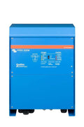 Front view of a blue Victron Quattro 48V 10000VA inverter charger showing status indicators and main switch