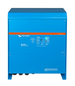 Front view of blue Victron Quattro 15000VA inverter charger showing status LEDs and system interface