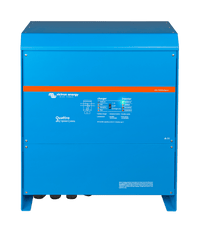 Front view of blue Victron Quattro 15000VA inverter charger showing status LEDs and system interface