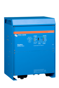 Isometric left view of the Victron Quattro 24/8000 inverter charger with industrial aluminium casing