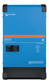 Front view of blue Victron Quattro-II 48V 5000VA inverter charger